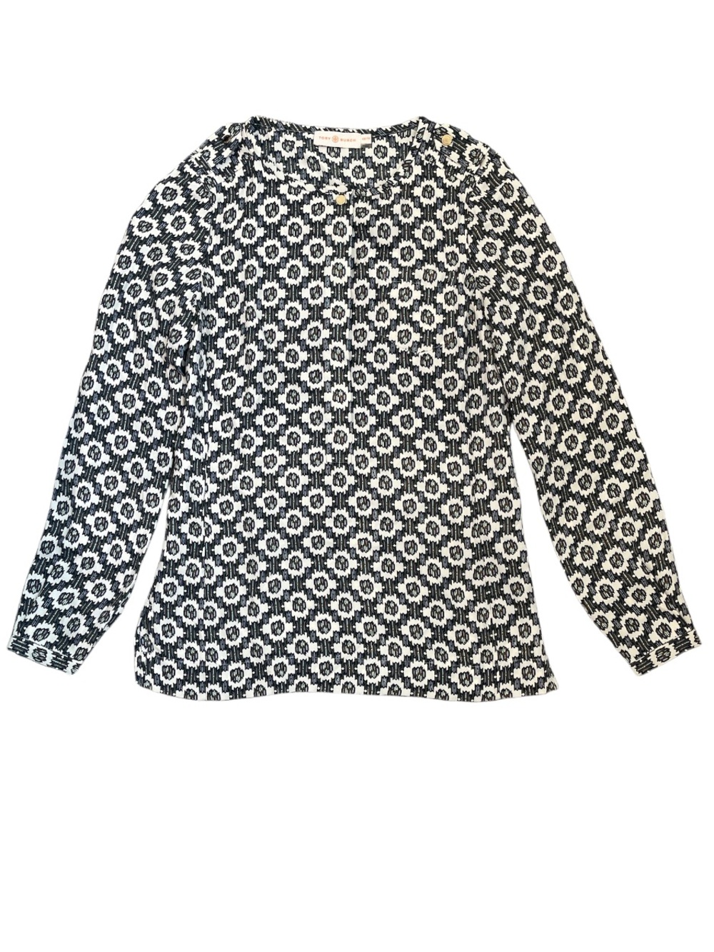 Tory Burch Printed Tunic Top Women’s Long Sleeve Blue Cream Green Size XS